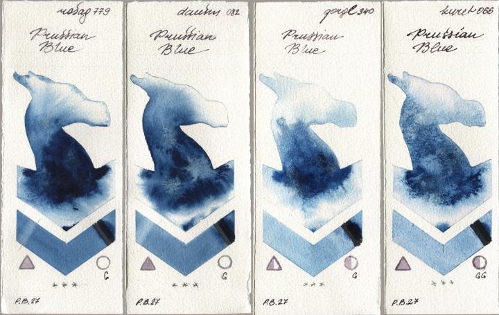 Rosa Gallery 779 Prussian Blue, Daniel Smith 082 Prussian Blue, Golden QOR 340 Prussian Blue, Kuretake Gansai Tambi 066 Prussian Bl watercolor swatch