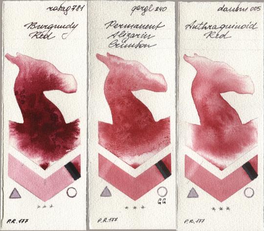 Rosa Gallery 781 Burgundy Red, Golden QOR 240 Permanent Alizarin Crimson, Daniel Smith 005 Anthraquinoid R watercolor swatch