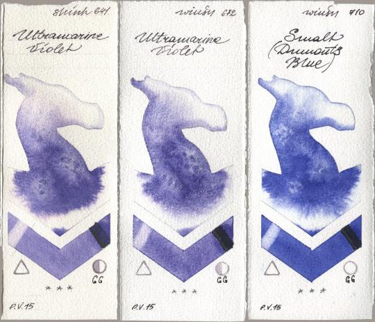 Shinhan PWC 641 Ultramarine Violet, Winsor & Newton Professional 672 Ultramarine Violet, 710 Smalt (Dumonts Blu watercolor swatch