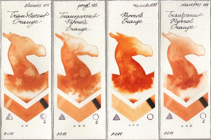Shminke Horadam Aquarell 218 Translucent Orange / Transparent Orange, Golden QOR 185 Transparent Pyrrole Orange, Royal Talens Rembrandt Watercolour 278 Pyrrole Orange, Daniel Smith 187 Transparent Pyrrol Oran watercolor swatch