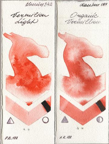 Shminke Horadam Aquarell 342 Vermilion Light, Daniel Smith 064 Organic Vermili watercolor swatch