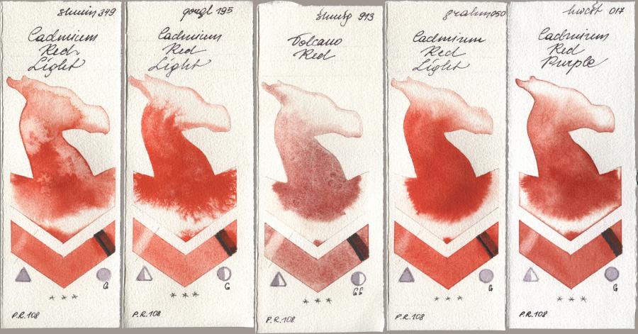 Shminke Horadam Aquarell 349 Cadmium Red Light, Golden QOR 195 Cadmium Red Light, 913 Volcano Red, M. Graham & Co. Artists 050 Cadmium Red Light, Holbein Artists Watercolor 017 Cadmium Red Purp watercolor swatch