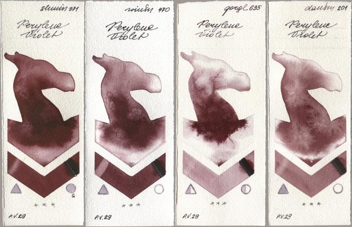 Shminke Horadam Aquarell 371 Perylene Violet, Winsor & Newton Professional 470 Perylene Violet, Golden QOR 635 Perylene Violet, Daniel Smith 201 Perylene Viol watercolor swatch