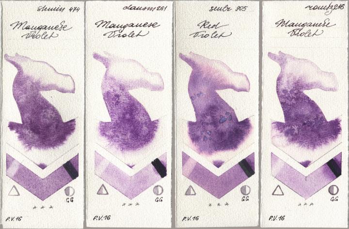 Shminke Horadam Aquarell 474 Manganese Violet, Daniel Smith 261 Manganese Violet, Sennelier l Aquarelle 905 Red Violet, Roman Szmal Aquarius 216 Manganese Viol watercolor swatch
