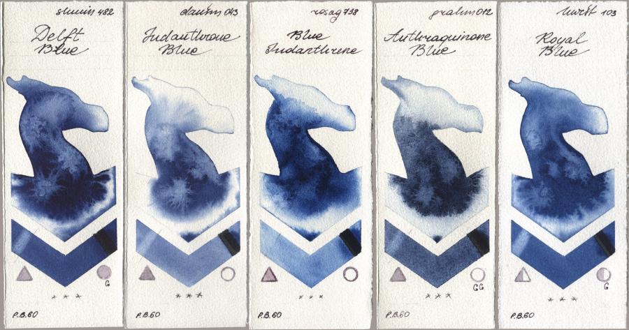 Shminke Horadam Aquarell 482 Delft Blue, Daniel Smith 043 Indanthrone Blue, Rosa Gallery 738 Blue Indanthrene, M. Graham & Co. Artists 012 Anthraquinone Blue, Holbein Artists Watercolor 103 Royal Bl watercolor swatch