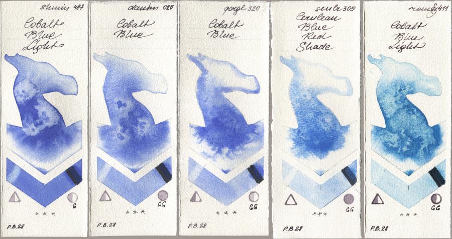 Shminke Horadam Aquarell 487 Cobalt Blue Light, Daniel Smith 025 Cobalt Blue, Golden QOR 320 Cobalt Blue, Sennelier l Aquarelle 305 Cerulean Blue Red Shade, Roman Szmal Aquarius 411 Cobalt Blue Lig watercolor swatch