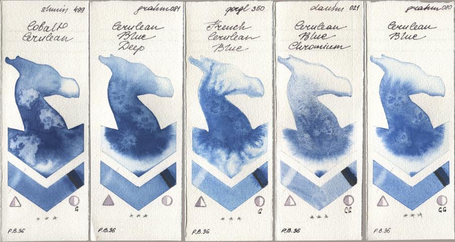 Shminke Horadam Aquarell 499 Cobalt Cerulean, M. Graham & Co. Artists 081 Cerulean Blue Deep, Golden QOR 350 French Cerulean Blue, Daniel Smith 021 Cerulean Blue Chromium, 080 Cerulean Bl watercolor swatch