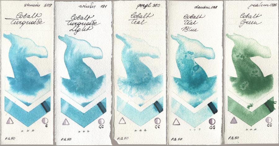 Shminke Horadam Aquarell 509 Cobalt Turquoise, Winsor & Newton Professional 191 Cobalt Turquoise Light, Golden QOR 360 Cobalt Teal, Daniel Smith 028 Cobalt Teal Blue, M. Graham & Co. Artists 095 Cobalt Gre watercolor swatch
