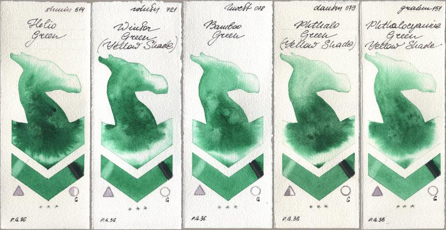 Shminke Horadam Aquarell 514 Helio Green, Winsor & Newton Professional 721 Winsor Green (Yellow shade), Holbein Artists Watercolor 078 Bamboo Green, Daniel Smith 079 Phthalo Green (Yellow Shade), M. Graham & Co. Artists 151 Phthalocyanine Green Yellow Sha watercolor swatch