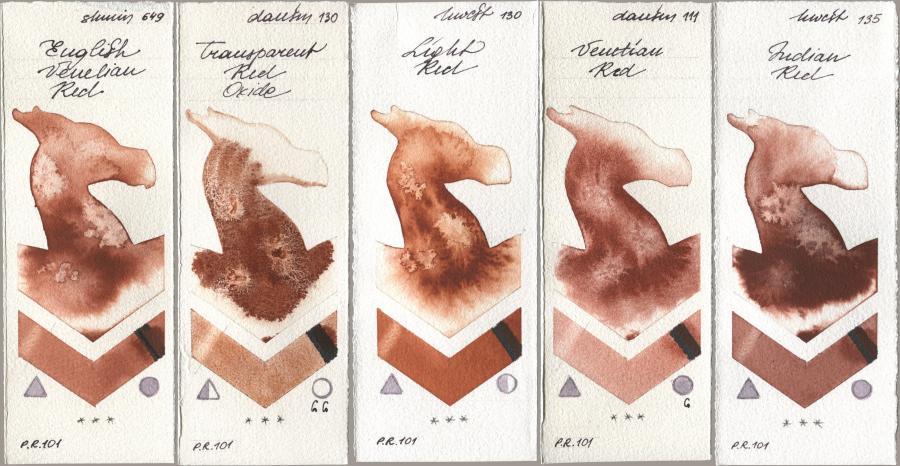 Shminke Horadam Aquarell 649 English Venetian Red, Daniel Smith 130 Transparent Red Oxide, Holbein Artists Watercolor 130 Light Red, 111 Venetian Red, 135 Indian R watercolor swatch