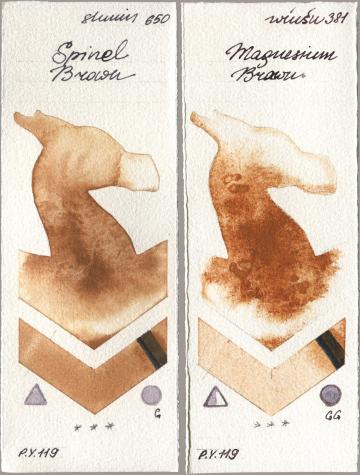 Shminke Horadam Aquarell 650 Spinel Brown, Winsor & Newton Professional 381 Magnesuim Bro watercolor swatch