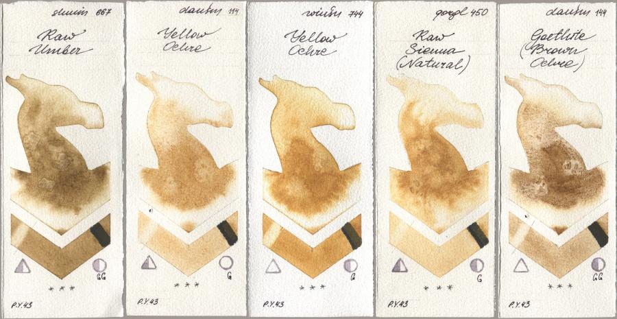 Shminke Horadam Aquarell 667 Raw Umber, Daniel Smith 114 Yellow Ochre, Winsor & Newton Professional 744 Yellow Ochre, Golden QOR 450 Raw Sienna (Natural), 144 Goethite (Brown Ochr watercolor swatch