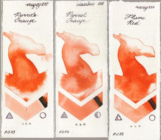 Royal Talens Van Gogh Watercolour 278 Pyrrole Orange, Daniel Smith 126 Pyrrol Orange, Rosa Gallery 734 Flame R watercolor swatch