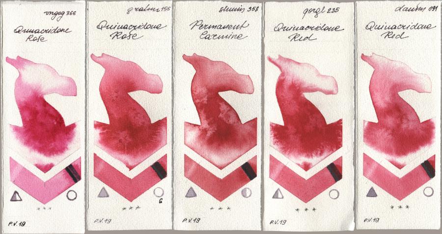 Royal Talens Van Gogh Watercolour 366 Quinacridone Rose, M. Graham & Co. Artists 156 Quinacridone Rose, Shminke Horadam Aquarell 353 Permanent Carmine, Golden QOR 235 Quinacridone Red, Daniel Smith 091 Quinacridone R watercolor swatch