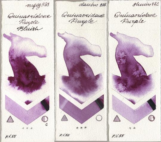 Royal Talens Van Gogh Watercolour 593 Quinacridone Purple Bluish, Daniel Smith 225 Quinacridone Purple, Shminke Horadam Aquarell 472 Quinacridone Purp watercolor swatch