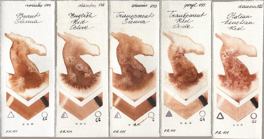 Winsor & Newton Professional 074 Burnt Sienna, Daniel Smith 136 English Red Ochre, Shminke Horadam Aquarell 653 Transparent Sienna, Golden QOR 455 Transparent Red Oxide, 122 Italian Venetian R watercolor swatch
