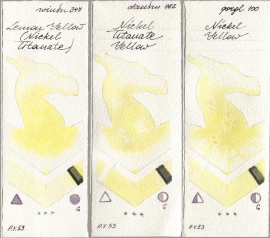 Winsor & Newton Professional 347 Lemon Yellow (Nickel Titanate), Daniel Smith 062 Nickel Titanate Yellow, Golden QOR 100 Nickel Yell watercolor swatch