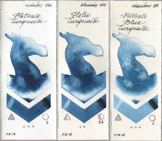 Winsor & Newton Professional 526 Phthalo Turquoise, Shminke Horadam Aquarell 475 Helio Turquoise, Daniel Smith 247 Phthalo Blue Turquoi watercolor swatch