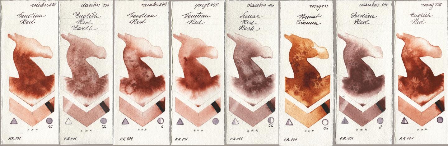 Winsor & Newton Professional 678 Venetian Red, Daniel Smith 137 English Red Earth, Royal Talens Rembrandt Watercolour 349 Venerian Red, Golden QOR 465 Venetian Red, 141 Lunar Red Rock, Rosa Gallery 733 Burnt Sienna, 044 Indian Red, 736 English R watercolor swatch