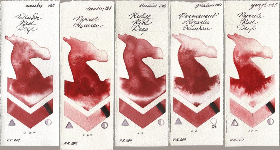 Winsor & Newton Professional 725 Winsor Red Deep, Daniel Smith 127 Pyrrol Crimson, Shminke Horadam Aquarell 346 Ruby Red Deep, M. Graham & Co. Artists 129 Permanent Alizarin Crimson, Golden QOR 225 Pyrrole Red De watercolor swatch