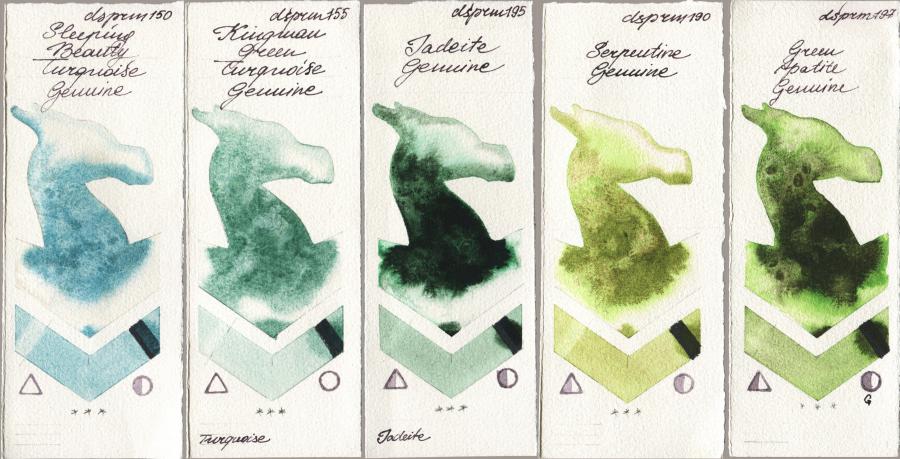 Daniel Smith 150 Sleeping Beauty Turquoise Genuine vs 155 Kingman Green Turquoise Genuine vs 195 Jadeite Genuine vs 190 Serpentine Genuine vs 197 Green Apatite Genuine watercolor swatch