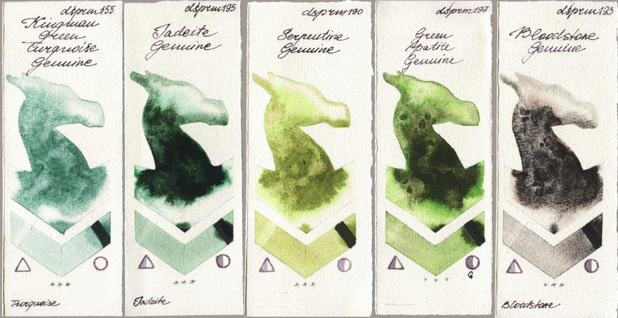 Daniel Smith 155 Kingman Green Turquoise Genuine vs 195 Jadeite Genuine vs 190 Serpentine Genuine vs 197 Green Apatite Genuine vs 193 Bloodstone Genuine watercolor swatch