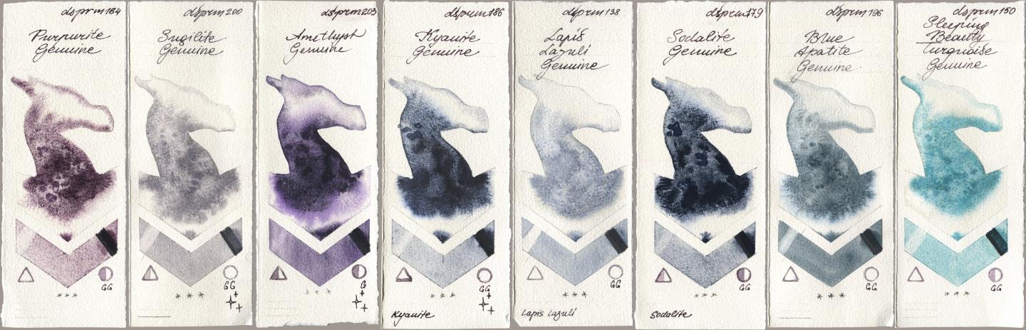 Daniel Smith 164 Purpurite Genuine, 200 Sugilite Genuine, 203 Amethyst Genuine, 186 Kyanite Genuine, 138 Lapis Lazuli Genuine, 179 Sodalite Genuine, 196 Blue Apatite Genuine, 150 Sleeping Beauty Turquoise Genui watercolor swatch