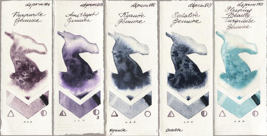 Daniel Smith 164 Purpurite Genuine vs 203 Amethyst Genuine vs 186 Kyanite Genuine vs 179 Sodalite Genuine vs 150 Sleeping Beauty Turquoise Genuine watercolor swatch