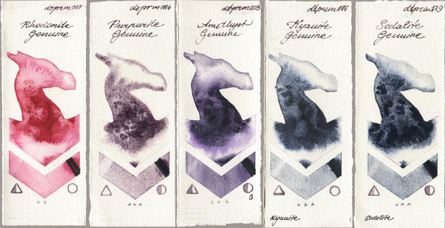 Daniel Smith 167 Rhodonite Genuine vs 164 Purpurite Genuine vs 203 Amethyst Genuine vs 186 Kyanite Genuine vs 179 Sodalite Genuine watercolor swatch