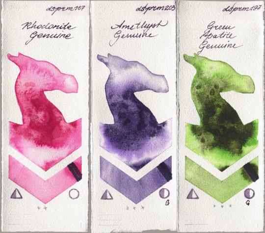 Daniel Smith 167 Rhodonite Genuine vs 203 Amethyst Genuine vs 197 Green Apatite Genuine watercolor swatch