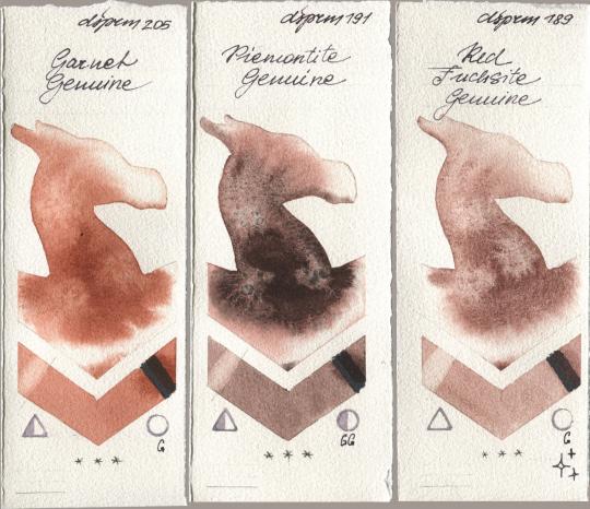 Daniel Smith 205 Garnet Genuine, 191 Piemontite Genuine, 189 Red Fuchsite Genui watercolor swatch