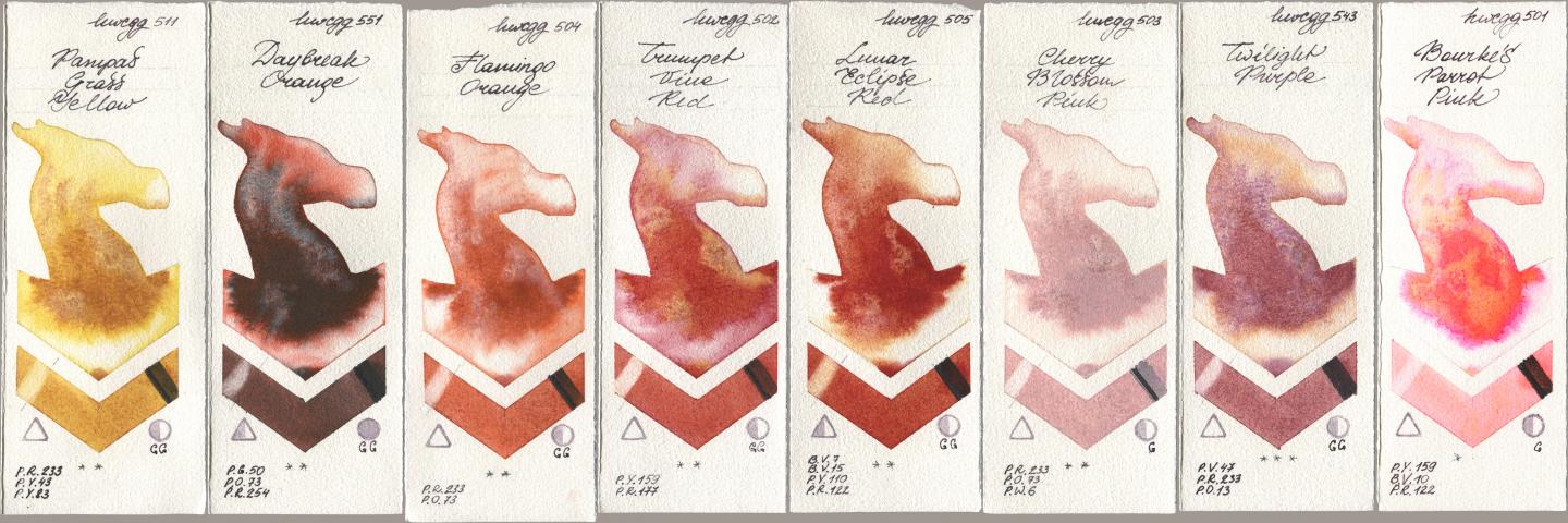 Holbein Artists Watercolor 511 Pampas Grass Yellow, 551 Daybreak Orange, 504 Flamingo Orange, 502 Trumpet Vine Red, 505 Lunar Eclipse Red, 503 Cherry Blossom Pink, 543 Twilight Purple, 501 Bourkes Parrot Pi watercolor swatch