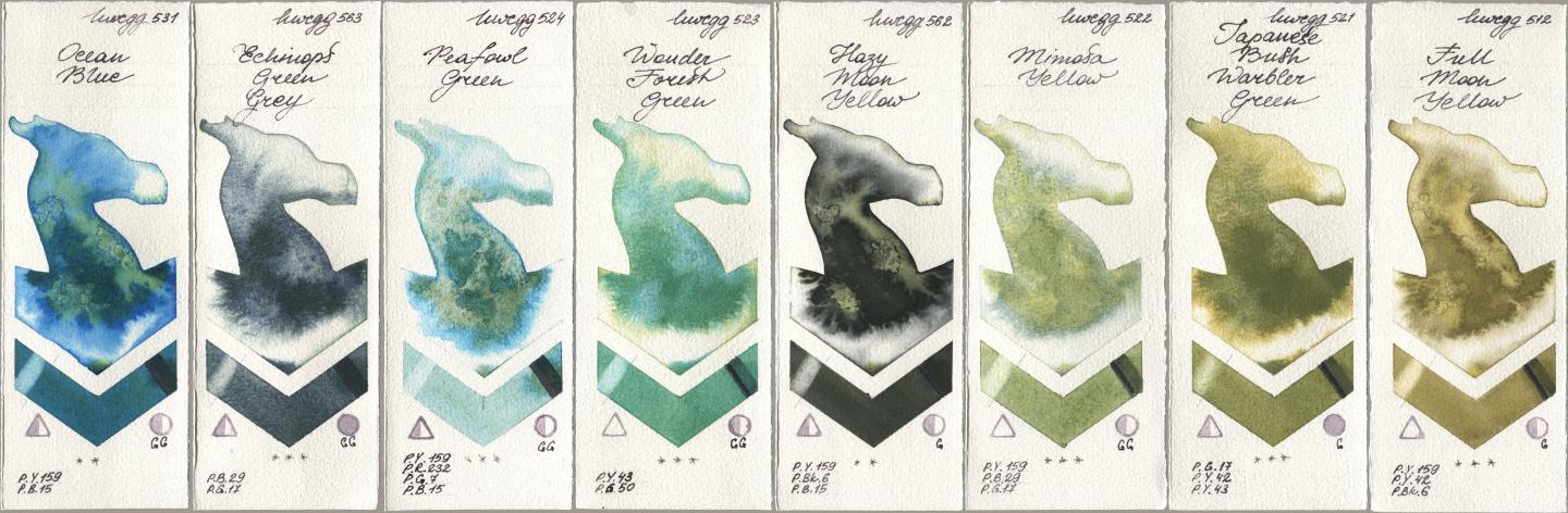 Holbein Artists Watercolor 531 Ocean Blue, 563 Echinops Green Grey, 524 Peafowl Green, 523 Wonder Forest Green, 562 Hazy Moon Yellow, 522 Mimosa Yellow, 521 Japanese Bush Warbler Green, 512 Full Moon Yell watercolor swatch