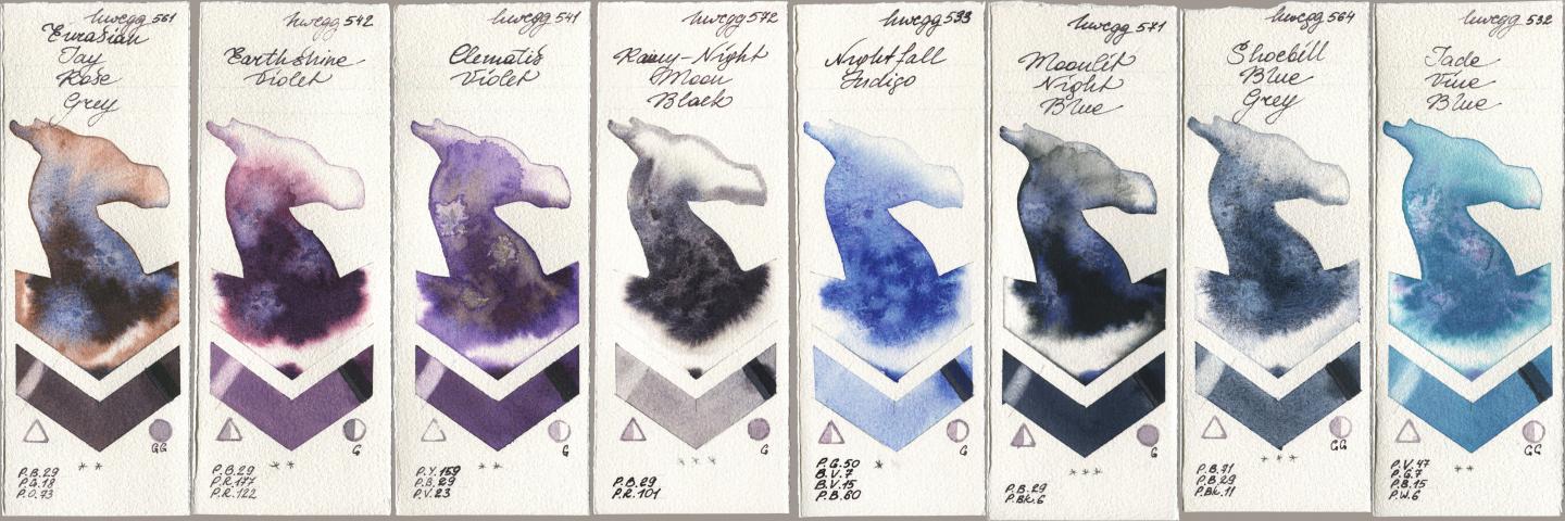 Holbein Artists Watercolor 561 Eurasian Jay Rose Grey, 542 Earthshine Violet, 541 Clematis Violet, 572 Rainy-Night Moon Back, 533 Nightfall Indigo, 571 Moonlit Night Blue, 564 Shoebill Blue Grey, 532 Jade Vine Bl watercolor swatch