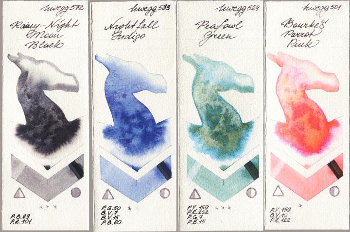 Holbein Artists Watercolor 572 Rainy-Night Moon Back vs 533 Nightfall Indigo vs 524 Peafowl Green vs 501 Bourkes Parrot Pink watercolor swatch