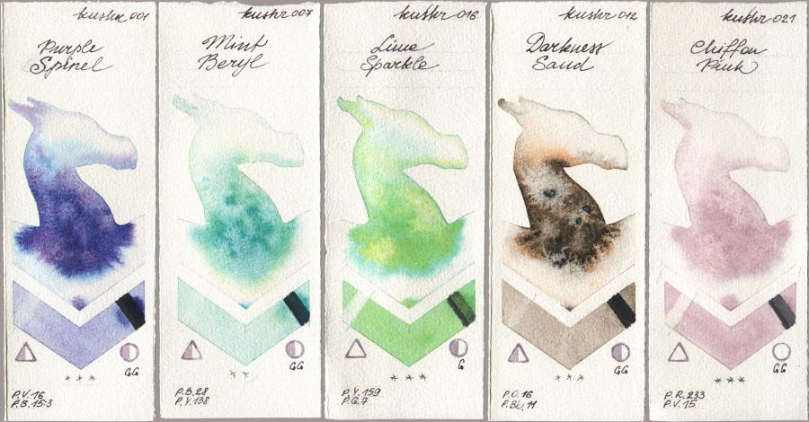 Kusakabe 001 Purple Spinel, 007 Mint Beryl, 016 Lime Sparkle, 012 Darkness Sand, 021 Chiffon Pi watercolor swatch