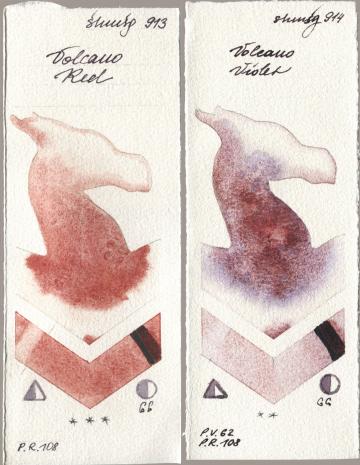 Shminke Horadam Aquarell 913 Volcano Red, 914 Volcano Viol watercolor swatch