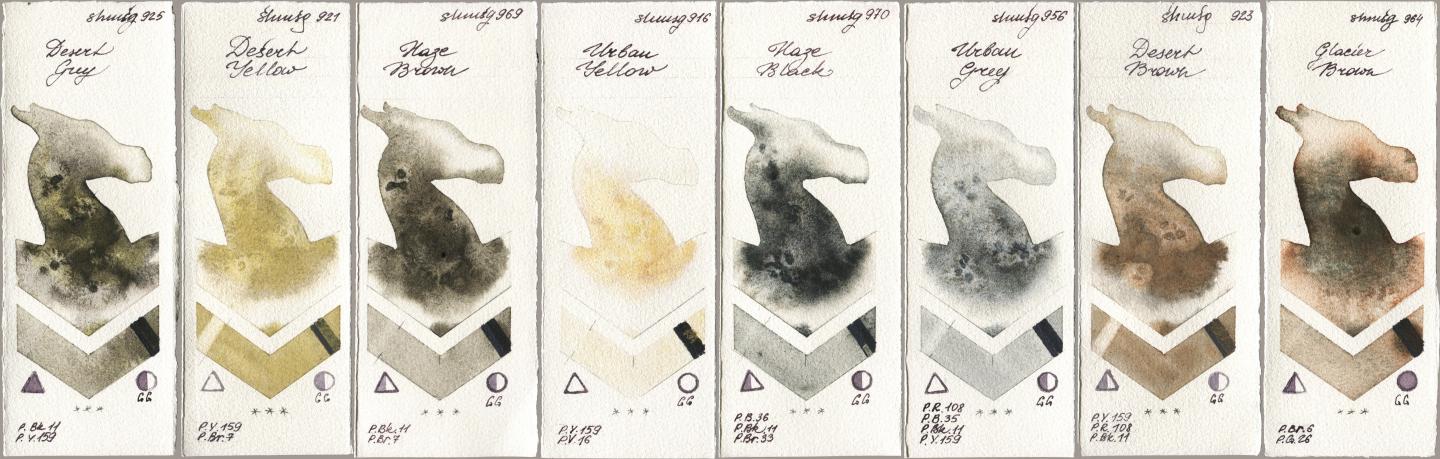 Shminke Horadam Aquarell 925 Desert Grey, 921 Desert Yellow, 969 Haze Brown, 916 Urban Yellow, 970 Haze Black, 956 Urban Grey, 923 Desert Brown, 964 Glacier Bro watercolor swatch