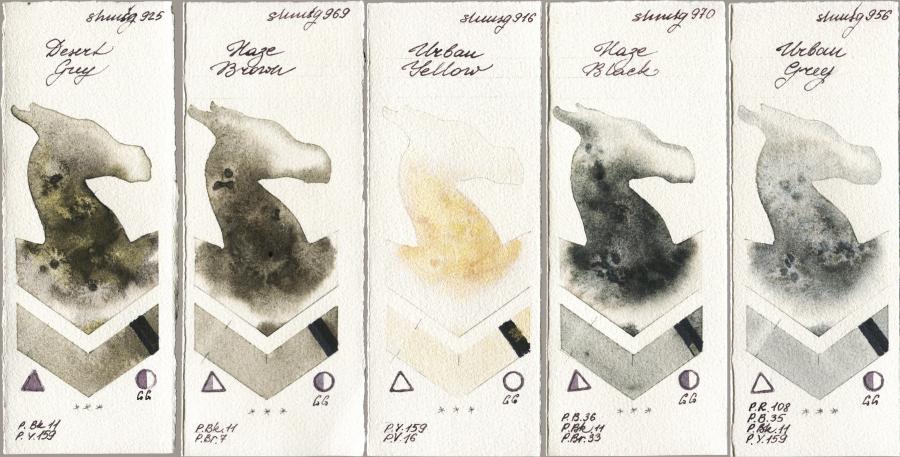 Shminke Horadam Aquarell 925 Desert Grey vs 969 Haze Brown vs 916 Urban Yellow vs 970 Haze Black vs 956 Urban Grey watercolor swatch