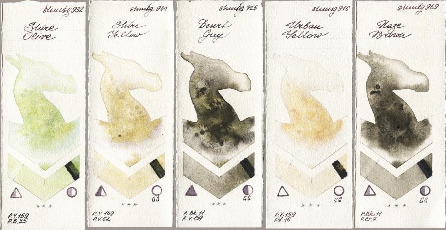 Shminke Horadam Aquarell 932 Shire Olive vs 931 Shire Yellow vs 925 Desert Grey vs 916 Urban Yellow vs 969 Haze Brown watercolor swatch