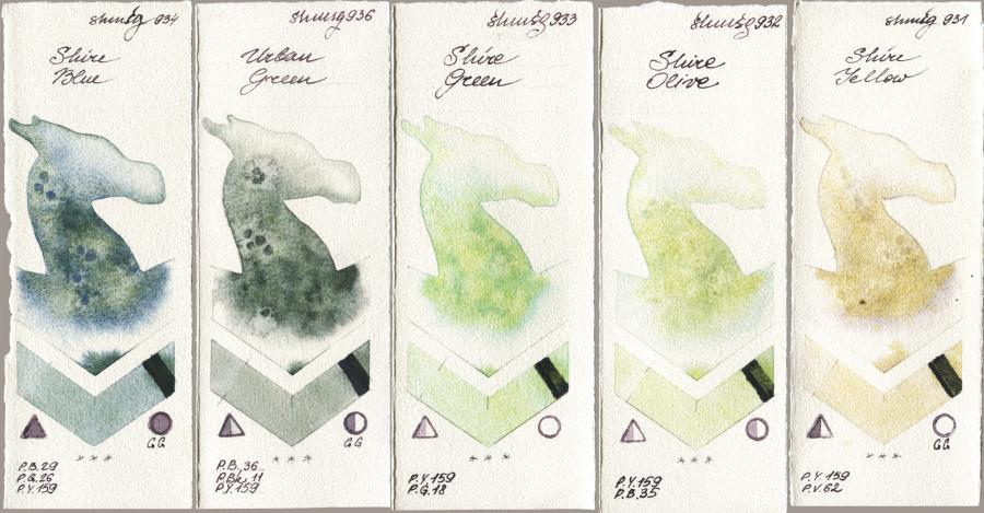 Shminke Horadam Aquarell 934 Shire Blue vs 936 Urban Green vs 933 Shire Green vs 932 Shire Olive vs 931 Shire Yellow watercolor swatch