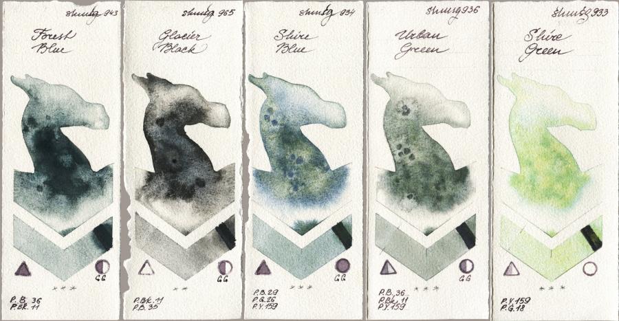 Shminke Horadam Aquarell 943 Forest Blue vs 965 Glacier Black vs 934 Shire Blue vs 936 Urban Green vs 933 Shire Green watercolor swatch