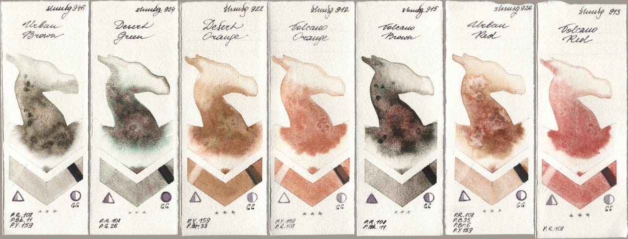 Shminke Horadam Aquarell 946 Urban Brown, 924 Desert Green, 922 Desert Orange, 912 Volcano Orange, 915 Volcano Brown, 926 Urban Red, 913 Volcano R watercolor swatch