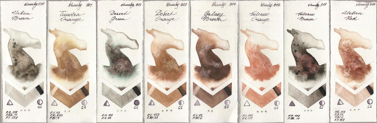 Shminke Horadam Aquarell 946 Urban Brown, 981 Tundra Orange, 924 Desert Green, 922 Desert Orange, 974 Galaxy Brown, 912 Volcano Orange, 915 Volcano Brown, 926 Urban R watercolor swatch