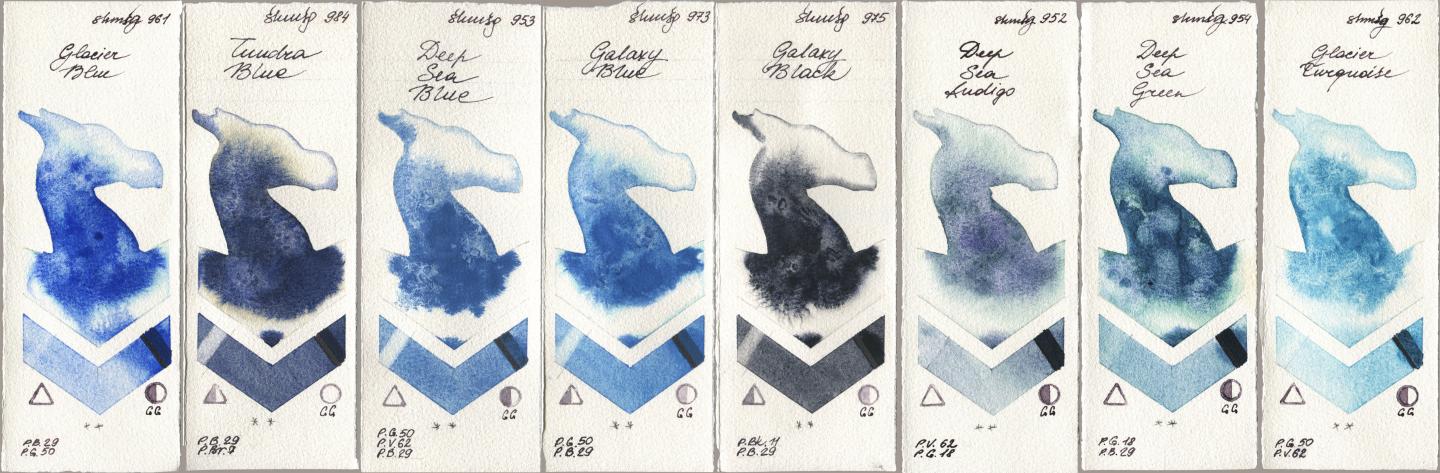 Shminke Horadam Aquarell 961 Glacier Blue, 984 Tundra Blue, 953 Deep Sea Blue, 973 Galaxy Blue, 975 Galaxy Black, 952 Deep Sea Indigo, 954 Deep Sea Green, 962 Glacier Turquoi watercolor swatch