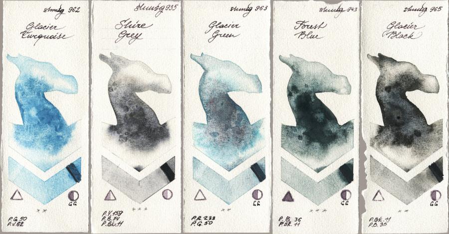 Shminke Horadam Aquarell 962 Glacier Turquoise vs 935 Shire Grey vs 963 Glacier Green vs 943 Forest Blue vs 965 Glacier Black watercolor swatch