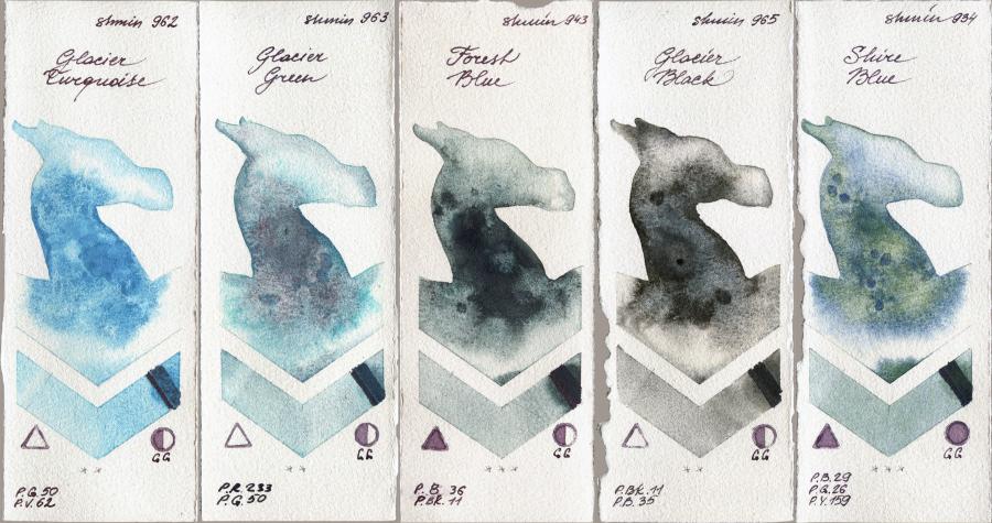 Shminke Horadam Aquarell 962 Glacier Turquoise vs 963 Glacier Green vs 943 Forest Blue vs 965 Glacier Black vs 934 Shire Blue watercolor swatch