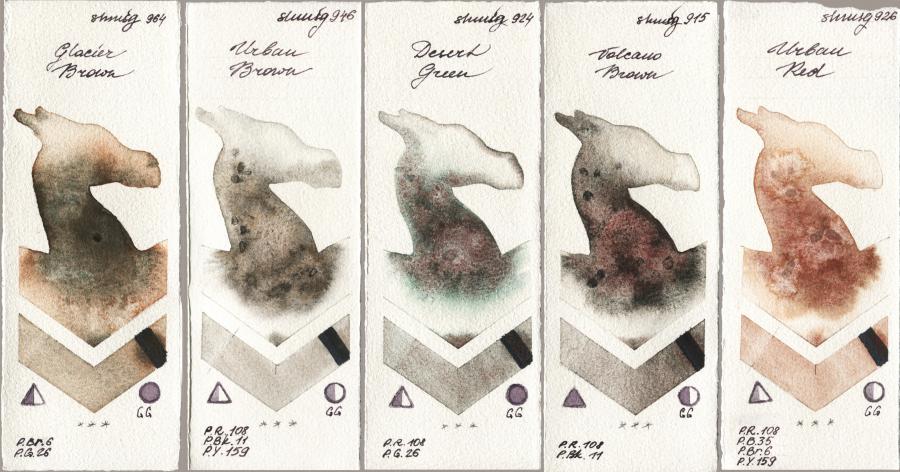 Shminke Horadam Aquarell 964 Glacier Brown vs 946 Urban Brown vs 924 Desert Green vs 915 Volcano Brown vs 926 Urban Red watercolor swatch