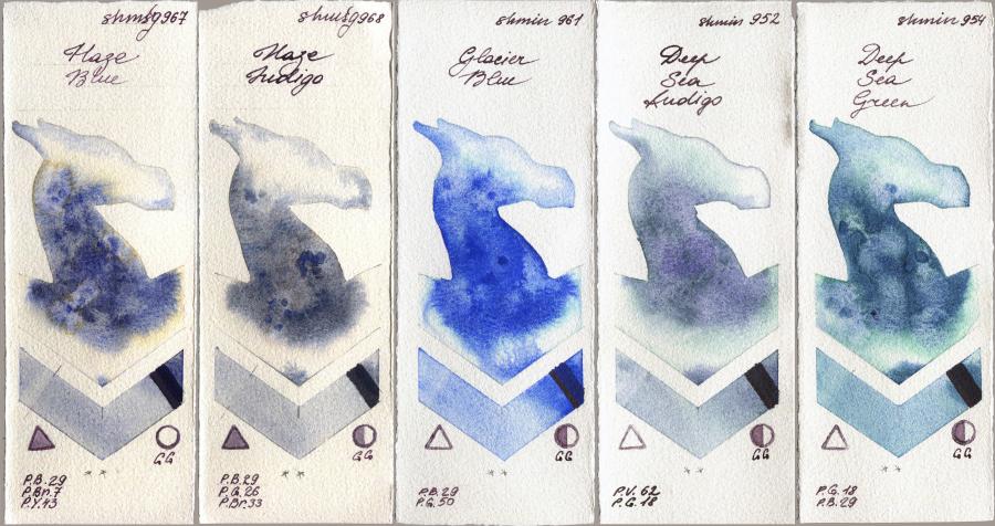 Shminke Horadam Aquarell 967 Haze Blue vs 968 Haze Indigo vs 961 Glacier Blue vs 952 Deep Sea Indigo vs 954 Deep Sea Green watercolor swatch