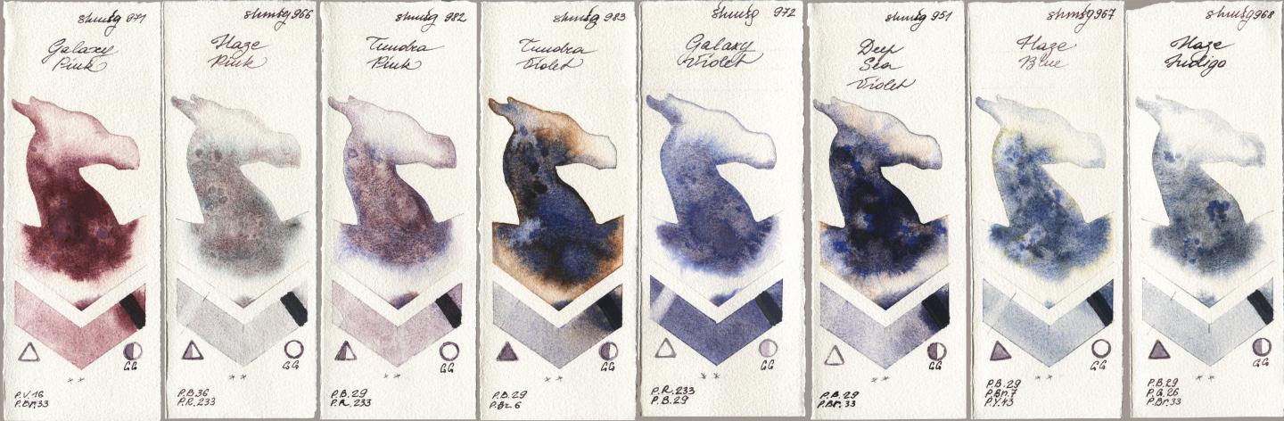 Shminke Horadam Aquarell 971 Galaxy Pink, 966 Haze Pink, 982 Tundra Pink, 983 Tundra Violet, 972 Galaxy Violet, 951 Deep Sea Violet, 967 Haze Blue, 968 Haze Indi watercolor swatch